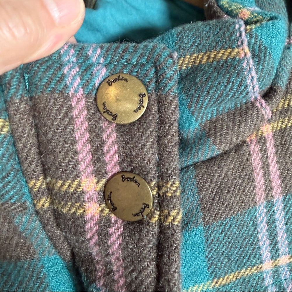 Boden Teal Brown Pink Yellow Plaid Pembroke Hooded Puffer Vest Size 16 - Picture 7 of 16